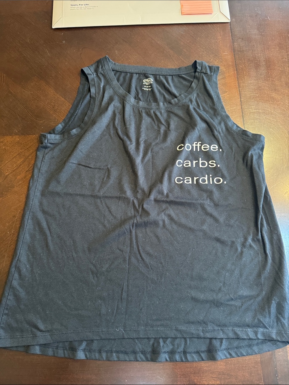 Athletic Works Black Tank Top with White "coffee. carbs. cardio." Print